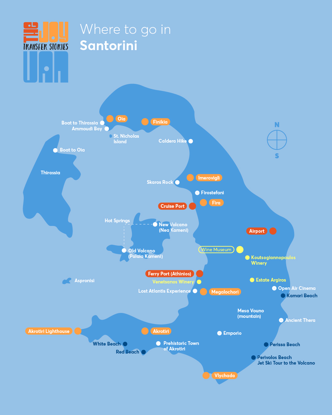 map with top things to do in Santorini Greece